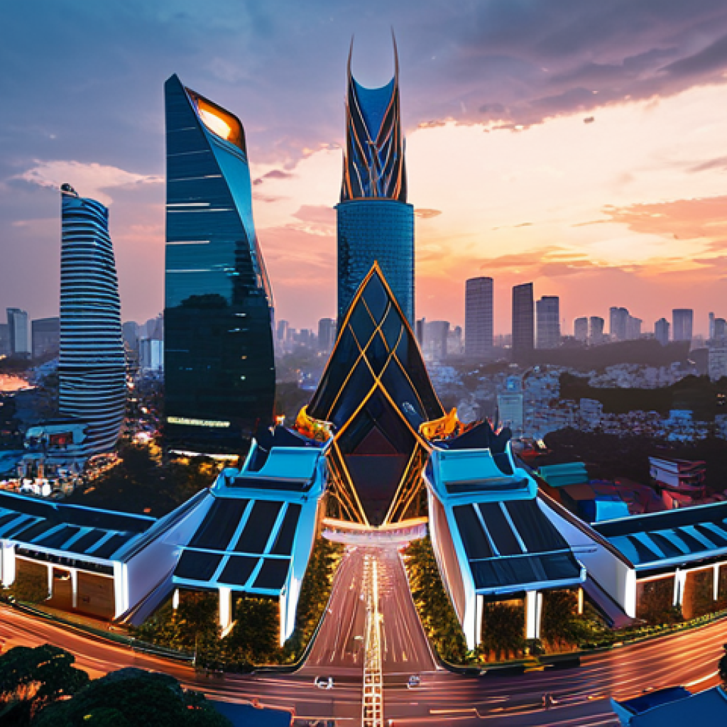 **Prompt:** A dynamic, futuristic cityscape of Ho Chi Minh City, Vietnam, at dawn, infused with flowing digital data streams and subtle AI network patterns. The scene should convey rapid digital transformation and market volatility. In the foreground, silhouetted figures of Vietnamese business professionals are depicted moving swiftly and adapting, symbolizing agility amidst change. Emphasize vibrant energy, forward momentum, and the fusion of traditional Vietnamese elements (e.g., modern architecture with subtle pagoda roof lines) with cutting-edge technology. High-angle shot, cinematic lighting, conceptual art style.