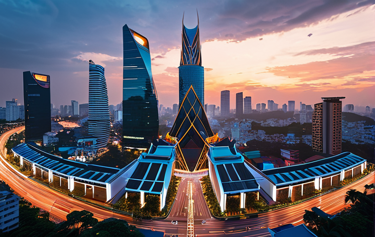 **Prompt:** A dynamic, futuristic cityscape of Ho Chi Minh City, Vietnam, at dawn, infused with flowing digital data streams and subtle AI network patterns. The scene should convey rapid digital transformation and market volatility. In the foreground, silhouetted figures of Vietnamese business professionals are depicted moving swiftly and adapting, symbolizing agility amidst change. Emphasize vibrant energy, forward momentum, and the fusion of traditional Vietnamese elements (e.g., modern architecture with subtle pagoda roof lines) with cutting-edge technology. High-angle shot, cinematic lighting, conceptual art style.