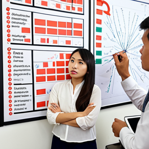 Home 8 **A diverse team brainstorming risk mitigation strategies in a modern Vietnamese office, charts and diagrams on the wall illustrating risk assessment, emphasis on collaboration and proactive problem-solving.**