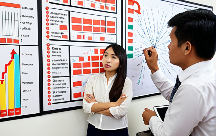 **A diverse team brainstorming risk mitigation strategies in a modern Vietnamese office, charts and diagrams on the wall illustrating risk assessment, emphasis on collaboration and proactive problem-solving.**